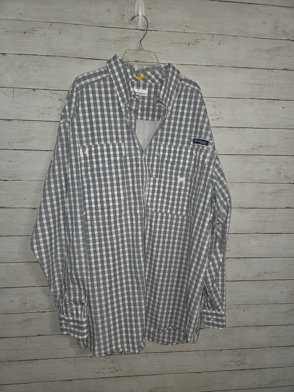 Columbia Men's Gray & White Gingham Check Button-Up Shirt, Fishing Lure, 2X